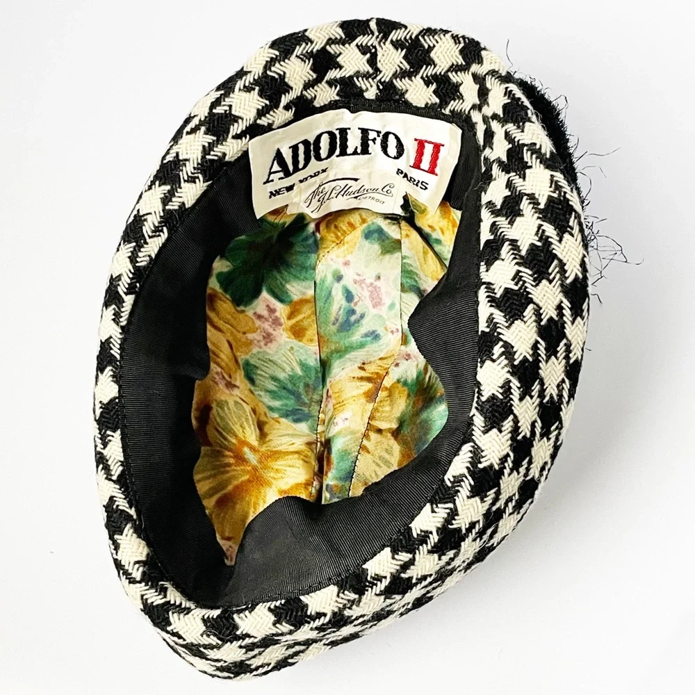 Vintage Adolfo Hat & Scarf Set 2pc Black & White Houndstooth Knit Fringe Rare